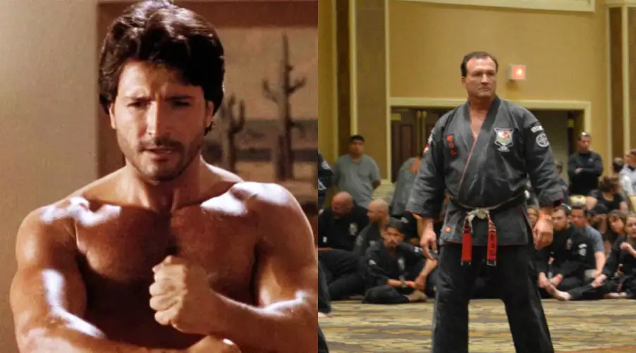 Side-by-side images: on the left, a muscular shirtless man in a fighting stance; on the right, a man in a black martial arts uniform standing in front of a seated audience in a large room.