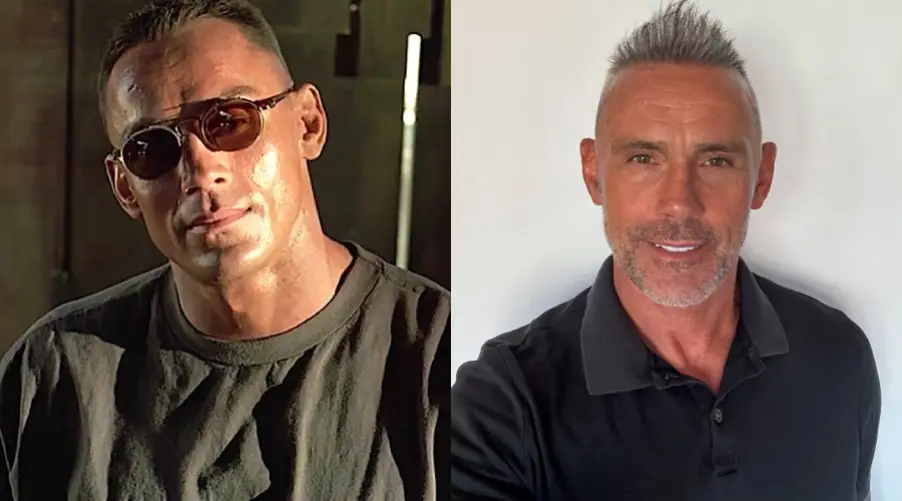 Side-by-side photos of the same man: on the left, he wears sunglasses and a dark shirt, appearing younger; on the right, he is older, with gray hair and beard, smiling slightly in a black polo shirt against a white background.