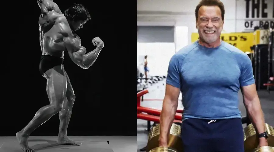 Side-by-side images: On the left, a bodybuilder in black-and-white flexes muscles on stage. On the right, an older man in a gym smiles while holding large dumbbells, wearing a blue shirt and navy pants.