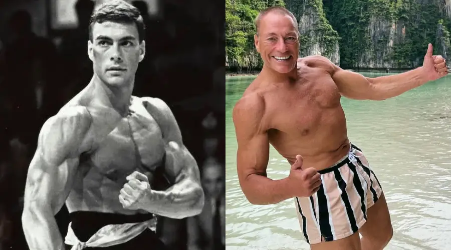 A split image shows a muscular man posing shirtless: on the left in black and white, looking intense, and on the right in color, smiling by the water in striped shorts, giving a thumbs-up.