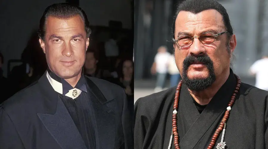 A split image showing the same man at two different times: on the left, he is younger, clean-shaven, with slicked-back hair, wearing a dark suit; on the right, he is older, with glasses, facial hair, and a beaded necklace.