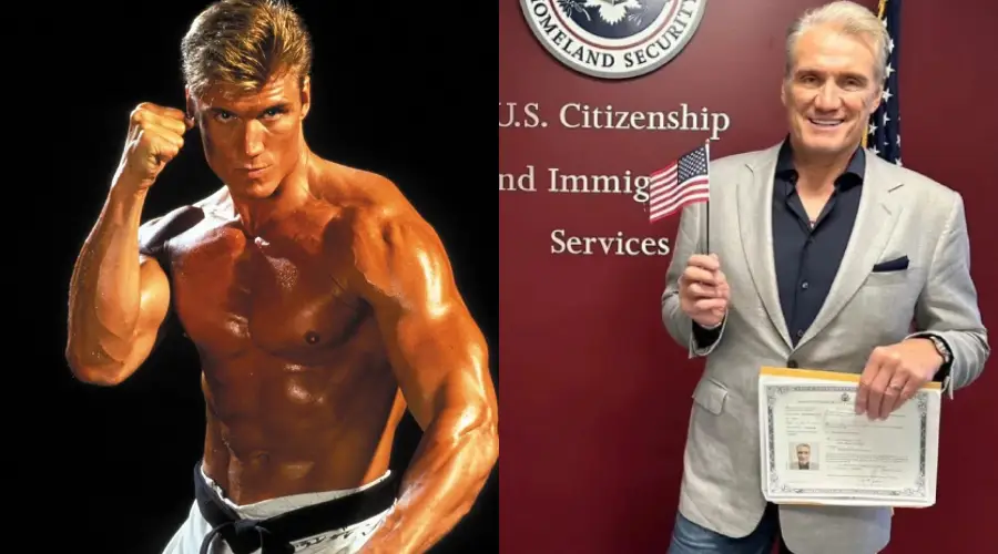 Side-by-side images: on the left, a muscular man poses shirtless with a raised fist; on the right, the same man, older, in a suit holding a U.S. flag and a certificate in front of a citizenship services sign.