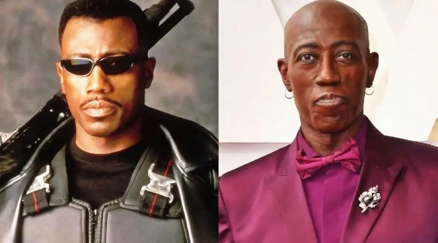 Side-by-side comparison of a man in two different looks: on the left, he wears sunglasses, a black leather outfit, and holds a sword; on the right, he wears a maroon suit with a bow tie and flower pin.