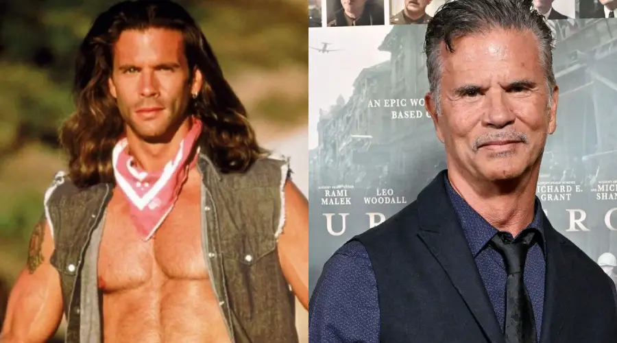 Side-by-side images showing a younger man with long hair, bare chest, and a bandana, and an older man with short gray hair, mustache, wearing a dark suit and tie, standing before a movie poster backdrop.