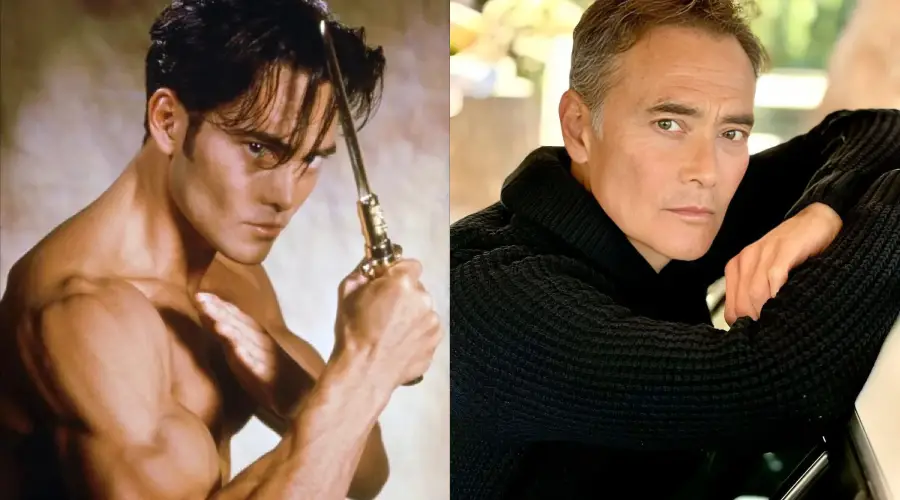 Side-by-side photos of the same man: on the left, shirtless with a sword in hand, looking intense; on the right, older, wearing a black sweater, leaning on a surface and looking thoughtfully at the camera.