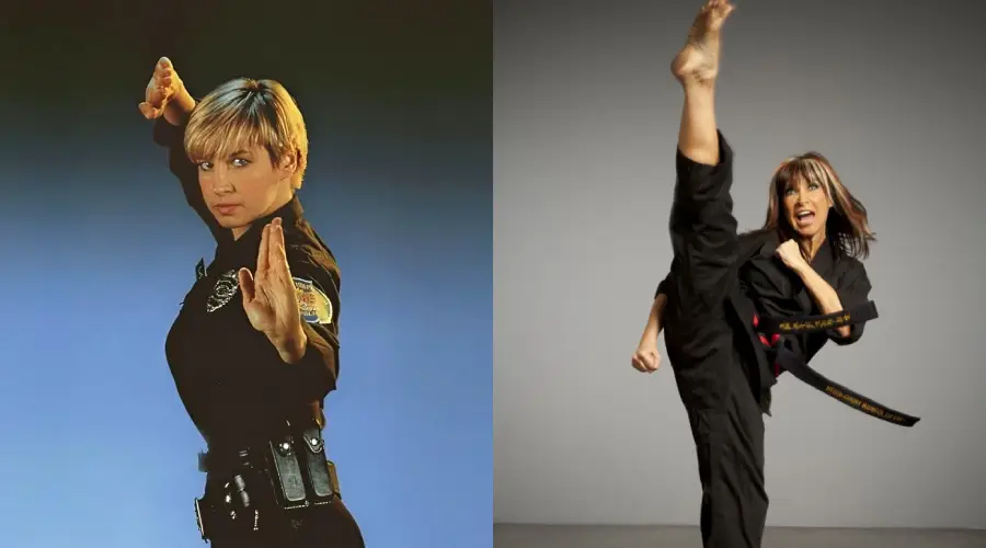 Side-by-side images of a woman in a police uniform striking a martial arts pose on the left, and the same woman in a martial arts gi performing a high kick on the right.