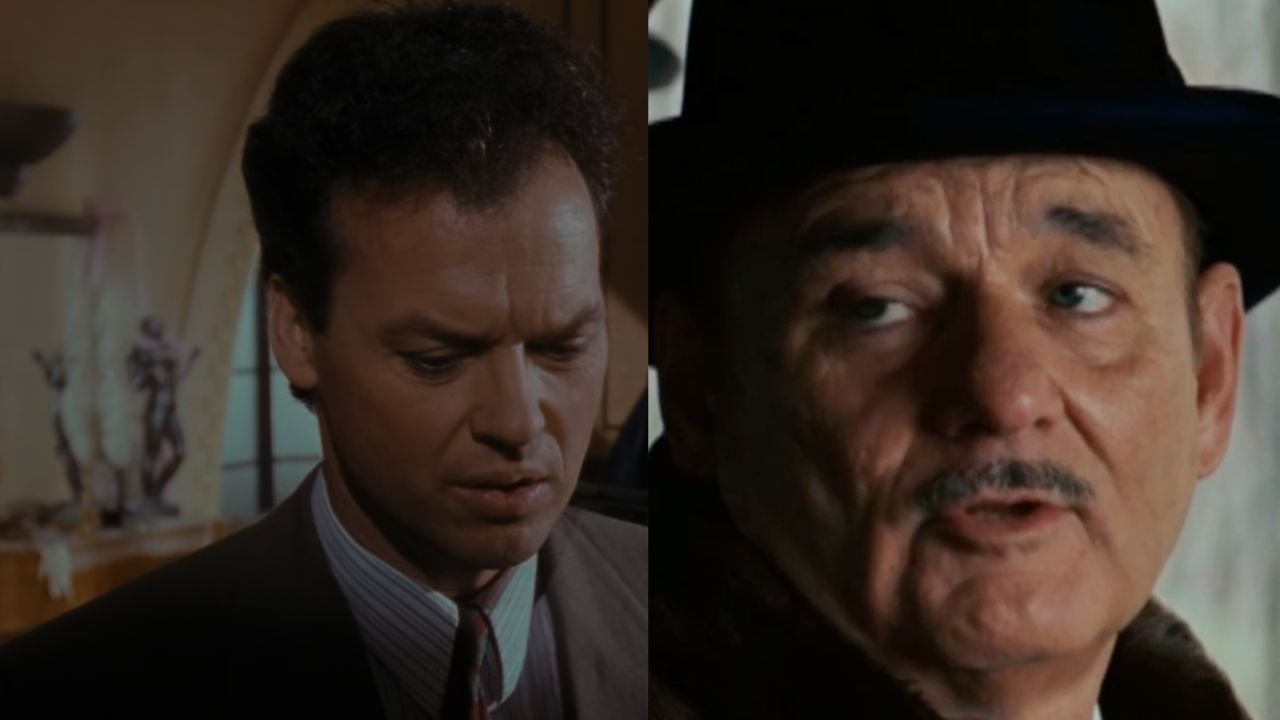 Split image: On the left, a man in a suit looks down thoughtfully. On the right, an older man with a mustache and hat looks to the side, mouth slightly open, in conversation or reacting to something.