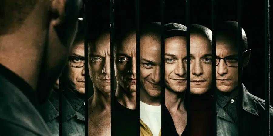 A man is seen from behind looking at multiple reflections of his own face, each with a different expression, in vertical mirror slats, suggesting multiple personalities. The lighting is dramatic and the mood is intense.