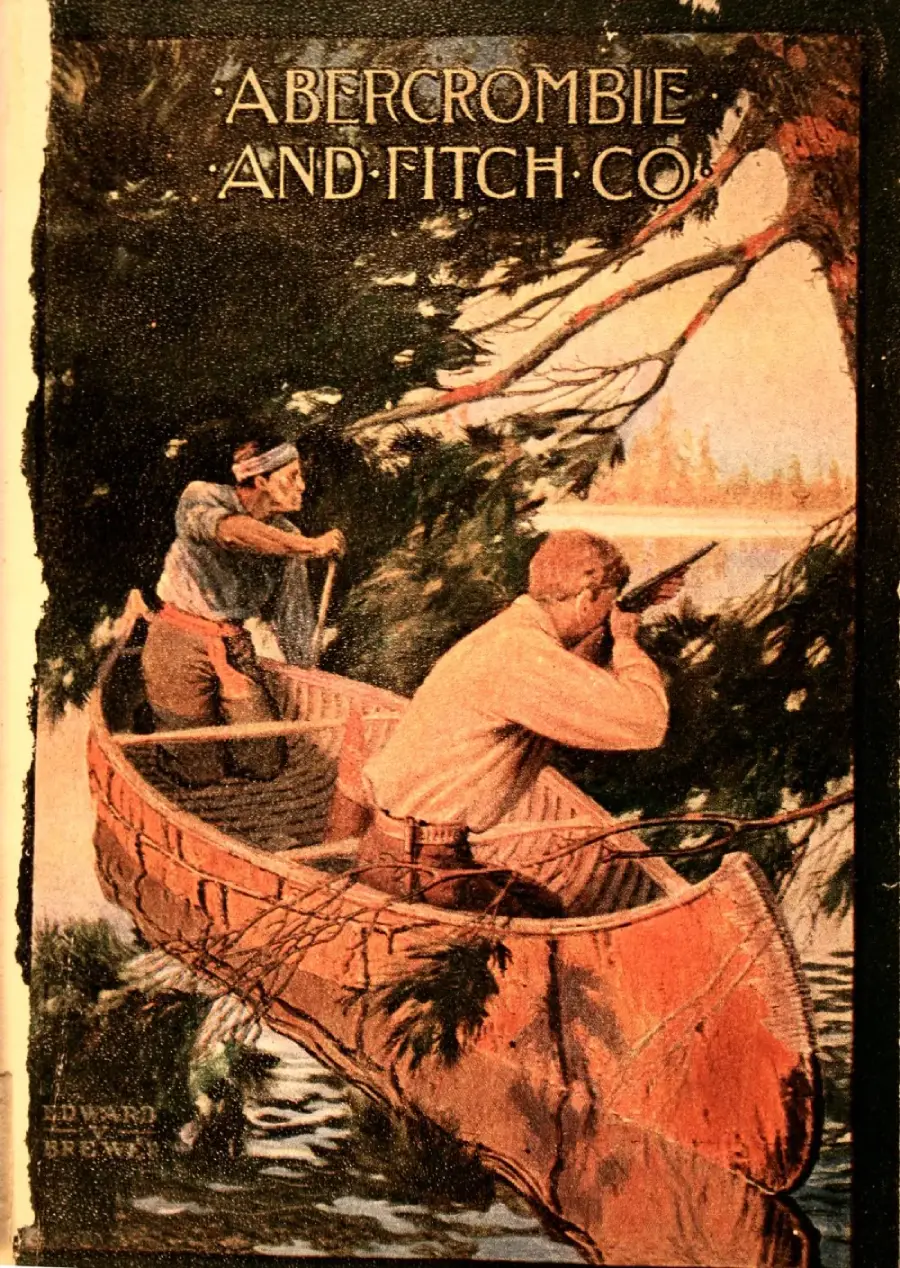 Two men in an orange canoe on a river; one paddles while the other aims a rifle. Trees overhang the water, and "Abercrombie and Fitch Co." is written at the top of the image.