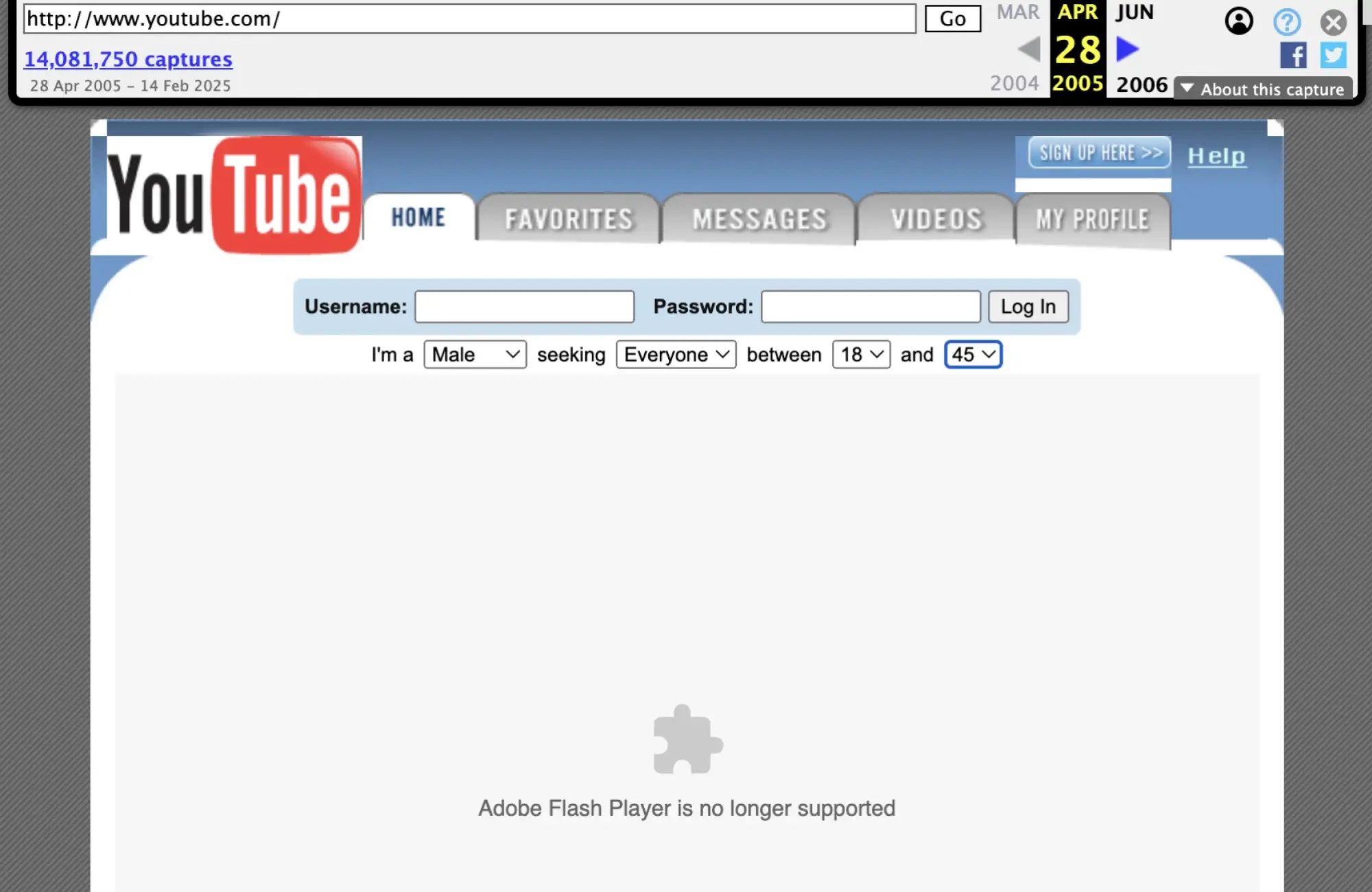 Screenshot of a 2006 YouTube login page with fields for username and password. A message says "Adobe Flash Player is no longer supported." The Wayback Machine date is June 28, 2006.