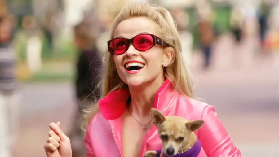 A smiling woman with long blonde hair, wearing bright pink sunglasses and a hot pink jacket, holds a small tan dog dressed in purple while walking outdoors.