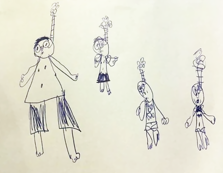 Child’s drawing of four human-like figures with long necks and round heads. Each figure has large circular eyes, stick arms, and is dressed in simple clothing. The background is plain white.