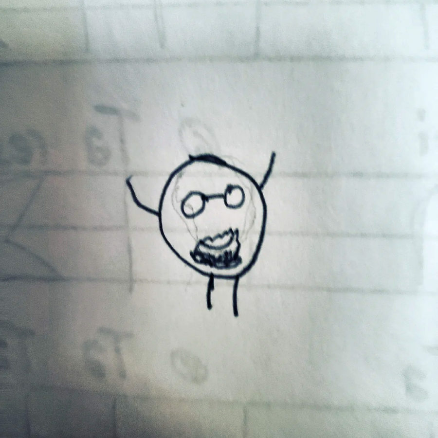 A simple pencil drawing of a stick figure with glasses, an open mouth, raised arms, and two legs, sketched on lined paper.