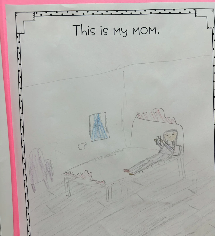 A child's drawing titled "This is my MOM" shows a woman lying on a bed, looking at her phone. The room includes a window with blue curtains, a chair, and a table, all drawn with light pencil and colored details.