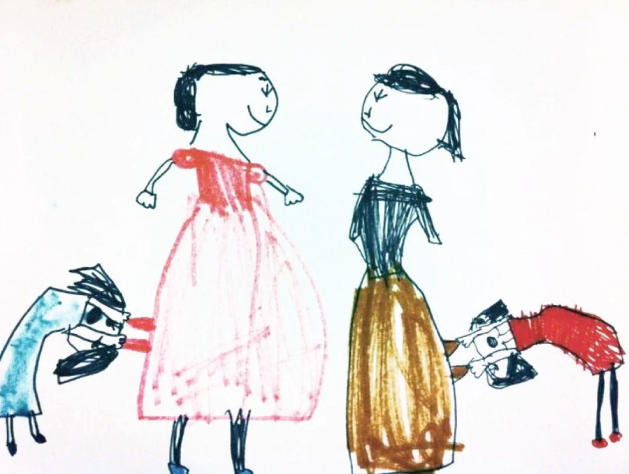 A child’s drawing of two adults in dresses, each with a smiling child hugging their waist. The background is white, and the figures are drawn in colorful, rough lines.