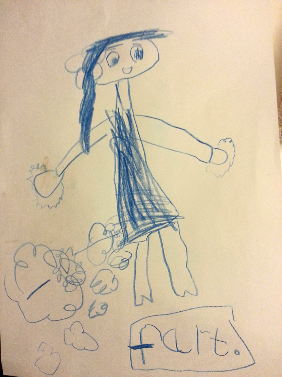 A child's drawing of a smiling person in blue with scribbled hair and dress, surrounded by clouds. The word "fart." is written in a box at the bottom, with clouds near the person’s rear end.