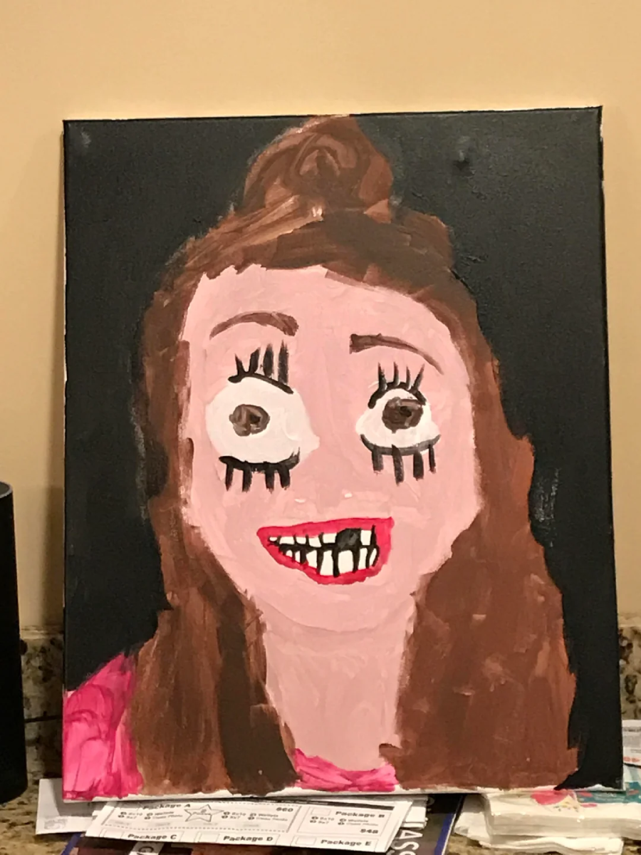 A childlike painting of a smiling woman with brown hair, exaggerated features, large uneven eyes, long eyelashes, and big red lips with widely spaced teeth, set against a black background.