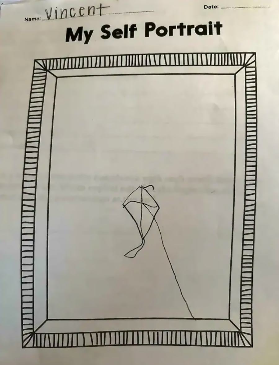 A child's self-portrait assignment titled "My Self Portrait" shows a simple drawing with a single abstract line inside a rectangular, patterned frame. The name "Vincent" is handwritten at the top.