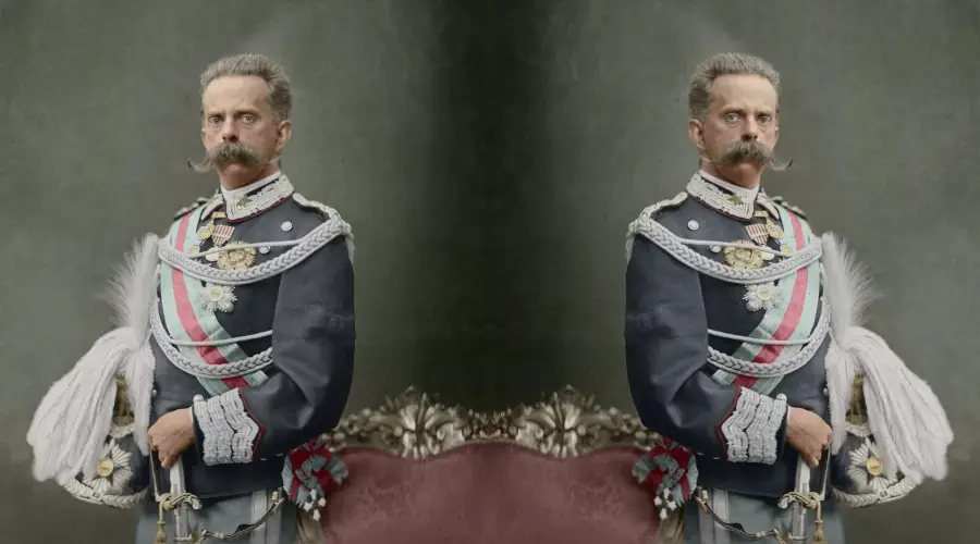 A historical portrait featuring a man in a decorated military uniform with medals and a sash, shown twice in a mirrored image against a neutral background with part of an ornate chair visible.