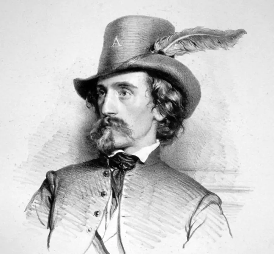 Black and white drawing of a man with a mustache and goatee, wearing a tall hat with a feather, a jacket, and a bow tie, looking slightly to his left.