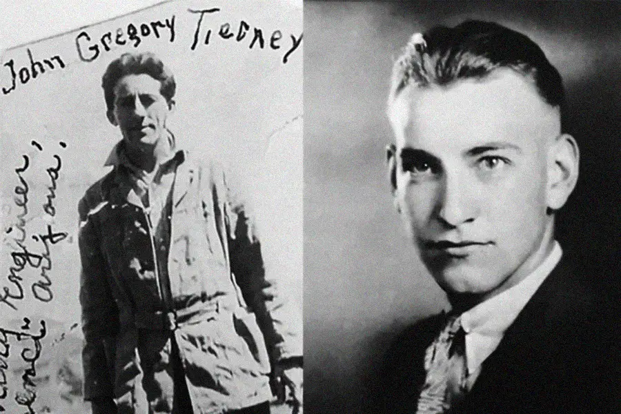Two black-and-white photos: on the left, a man in a jacket with handwritten text above and beside him; on the right, a formal portrait of a man in a suit, looking slightly off-camera.