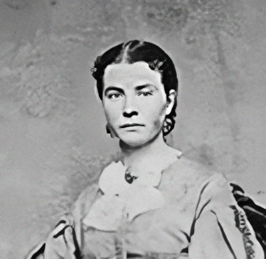 A black-and-white vintage portrait of a woman with dark hair styled back, wearing a high-collared dress with lace details, looking directly at the camera with a neutral expression.