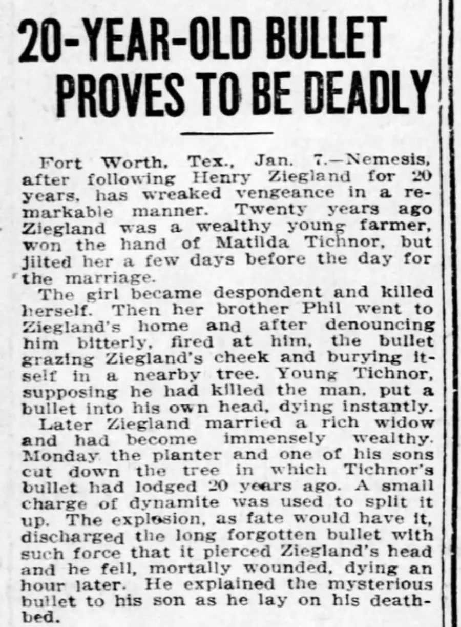 A newspaper clipping with the headline “20-Year-Old Bullet Proves to Be Deadly.” The article recounts how a bullet fired 20 years ago by Henry Zeigland’s pursuer eventually killed him in a surprising twist of fate.