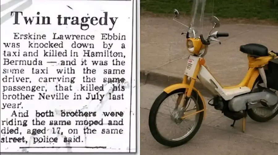 A newspaper clipping details two brothers killed a year apart in Bermuda by the same taxi, with the same driver, while riding the same moped. Next to it, a yellow moped is parked on a sidewalk.