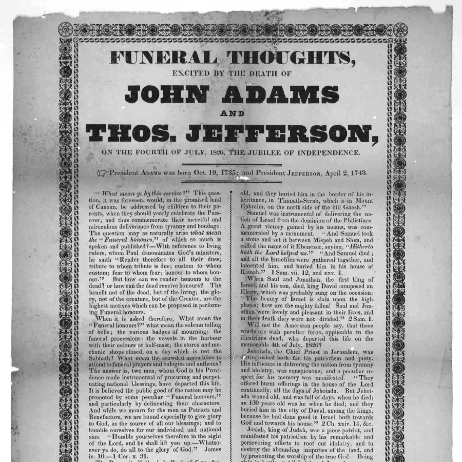 Black and white historical document with bold heading: "Funeral Thoughts, Excited by the Death of John Adams and Thos. Jefferson," followed by text reflecting on their deaths on July 4, 1826, and their significance to American independence.