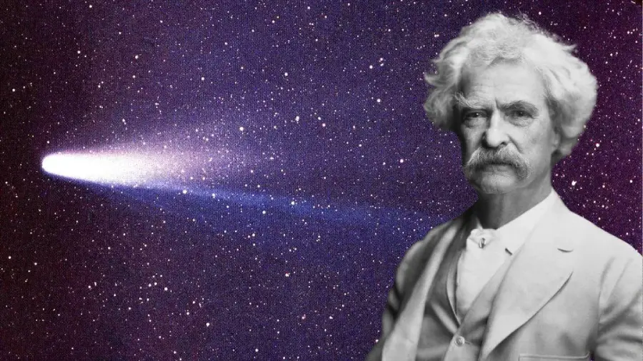 A black-and-white portrait of a man with white hair and a mustache, wearing a light-colored suit, is set against a starry background with a bright comet streaking across the sky.