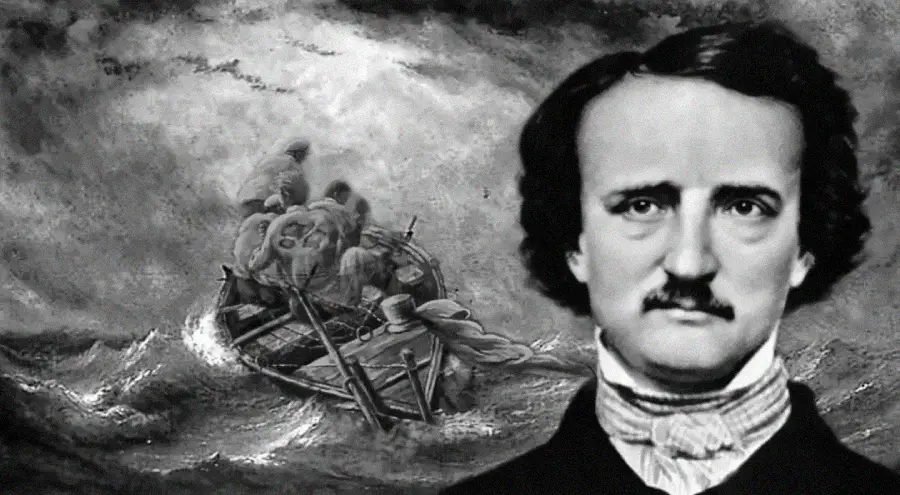 A black-and-white image of a serious-looking man in 19th-century attire in the foreground, with a stormy sea and people struggling in a small lifeboat in rough waves in the background.