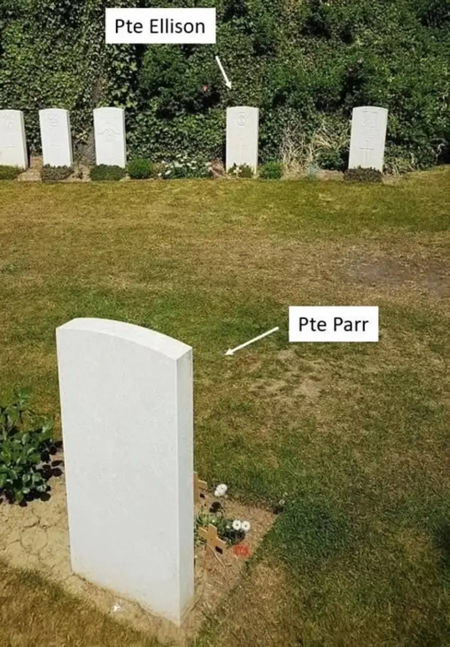 A white headstone in the foreground is labeled "Pte Parr." In the background, among several other headstones, one is labeled "Pte Ellison." Both are in a cemetery with grass and bushes.