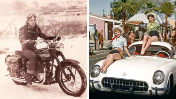 Left: A man in vintage motorcycle gear sits on a motorcycle in a snowy landscape. Right: Two women in retro clothing pose and smile while sitting on the hood of a classic white convertible car on a sunny street.