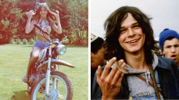 A split image: left, a smiling woman sits on a motorcycle outdoors in summer attire; right, a young man with long hair smiles while holding a small snake, with another person blurred in the background.