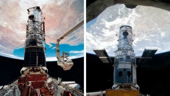 Two images show the Hubble Space Telescope in orbit above Earth. In one, an astronaut works on the telescope; in the other, the telescope floats against the backdrop of the blue and white planet below.