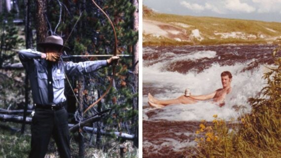 A split image: on the left, a person in a hat and uniform aims a bow and arrow in a forest; on the right, a man relaxes with a drink in a river with rapids and grassy banks.