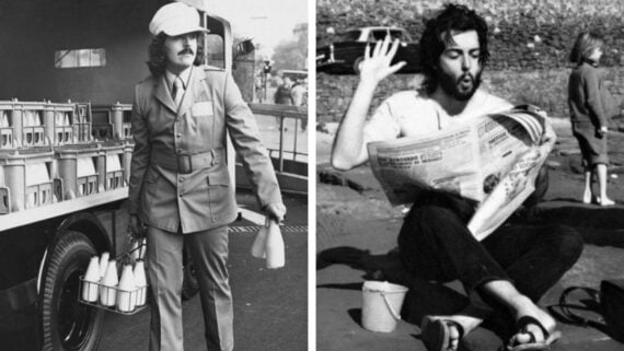 Left: A person in a uniform carries bottles of milk from a delivery truck. Right: A person sits on the ground, reading a newspaper and gesturing with one hand, with a small bucket beside them and others in the background. Both images are black and white.