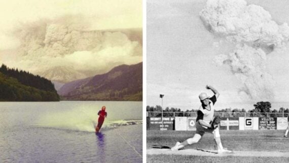 Two photos side by side: on the left, a person water-skiing on a lake with a volcanic eruption and ash cloud in the background; on the right, a baseball pitcher mid-throw with an erupting volcano behind him.
