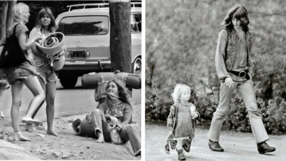 On the left, three young women with backpacks and blankets are by a roadside; one sits while others stand. On the right, a man in vintage clothes walks outdoors with a small child. Both images appear to be from the 1970s.