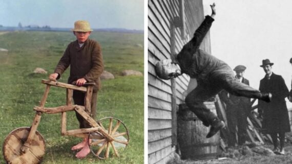 Split image: On the left, a barefoot child stands outdoors with a rustic wooden bicycle. On the right, a black-and-white photo shows a man being thrown in the air against a wall, as several men in hats look on.