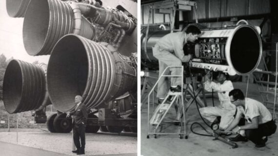 Split image: On the left, a person stands in front of massive rocket engines. On the right, three people work on the exposed interior of a large cylindrical machine in a workshop. Both images are in black and white.