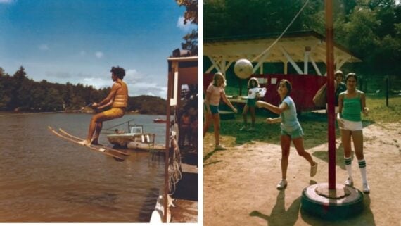 A split image: on the left, a person in a yellow outfit water-skiing on a lake; on the right, several girls playing tetherball outdoors near a white shelter, with trees in the background.
