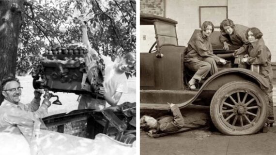 Two black-and-white photos: On the left, two people lift an engine from a car outdoors. On the right, four women in work clothes pose around and under an old car in a garage, appearing to work on it.