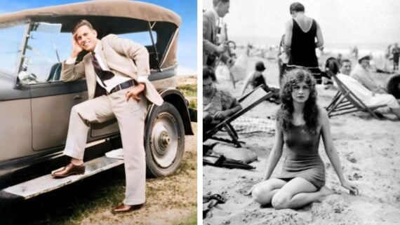 Split image: Left, a smiling man in a light suit leans on an old-fashioned car outdoors. Right, a woman in a vintage swimsuit sits on a crowded beach, with people lounging behind her. Both scenes appear to be from the early 20th century.