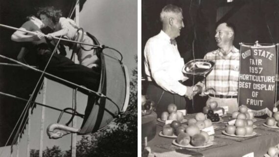 Two black and white photos: On the left, a couple kisses on a carnival ride; on the right, two men shake hands at a fruit display, next to a sign reading "Ohio State Fair 1957 Horticulture Best Display of Fruit.
