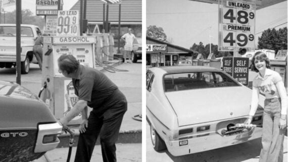 Two black and white photos show people pumping gas at vintage gas stations. Old cars are visible, and gas prices are under 50 cents per gallon. The scene suggests the 1970s era during a fuel shortage.