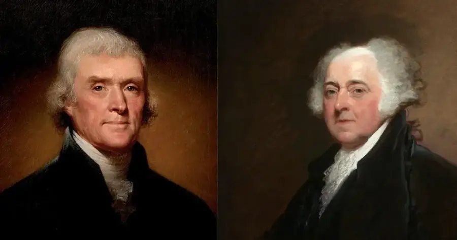 Two historical painted portraits side by side, each showing an older man in formal 18th-century clothing with white hair, set against dark backgrounds.