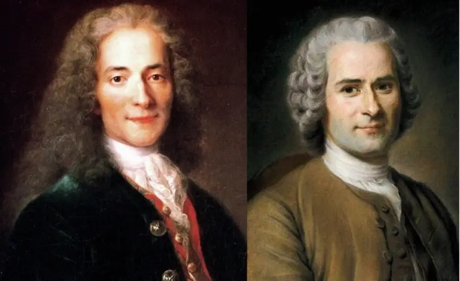 Two painted portraits of men from the 18th century, both with powdered wigs and formal attire. The man on the left wears a dark coat with a white cravat, while the man on the right wears a brown coat and white shirt.