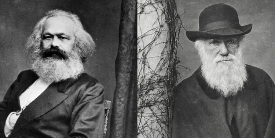 Black-and-white portraits show two older men with full white beards. The left man wears a suit and sits, while the right man wears a hat and dark coat, standing in front of a natural backdrop with branches.