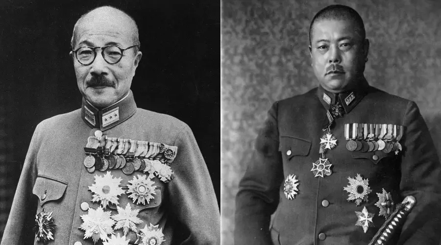 Two men in military uniforms adorned with medals and decorations. The man on the left is older with glasses and a mustache, while the man on the right is younger and clean-shaven. Both face the camera in black and white portraits.